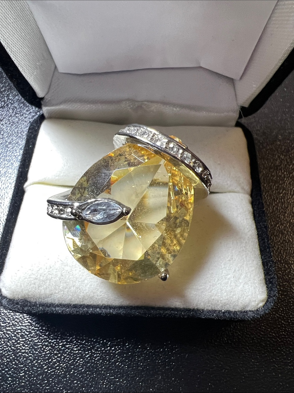 Yellow Crystal Cocktail Ring with Clear Accent Stones